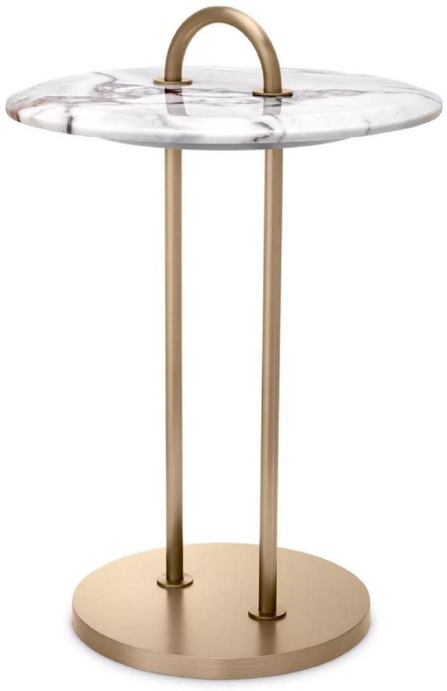 Casa Padrino Luxus Beistelltisch Messing / Weiß Ø 38,5 x H. 58 cm - Runder Tisch mit Marmorplatte und Tragegriff - Wohnzimmer Möbel - Luxus Möbel - Wohnzimmer Einrichtung - Luxus Qualität Bild 1