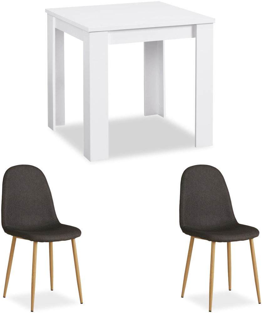 Essgruppe mit 2 Stühlen Esstisch Weiß 80x80 cm Esszimmertisch Holz Massiv Polsterstühle Anthrazit Bild 1