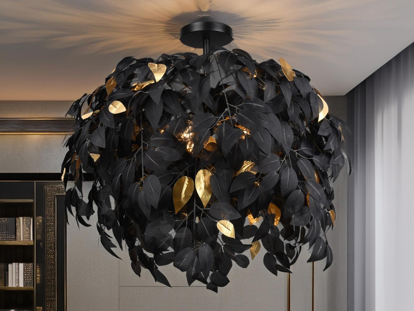 Große LED Deckenleuchte mit Blätter Lampenschirm Schwarz-Gold Ø 70cm Bild 1