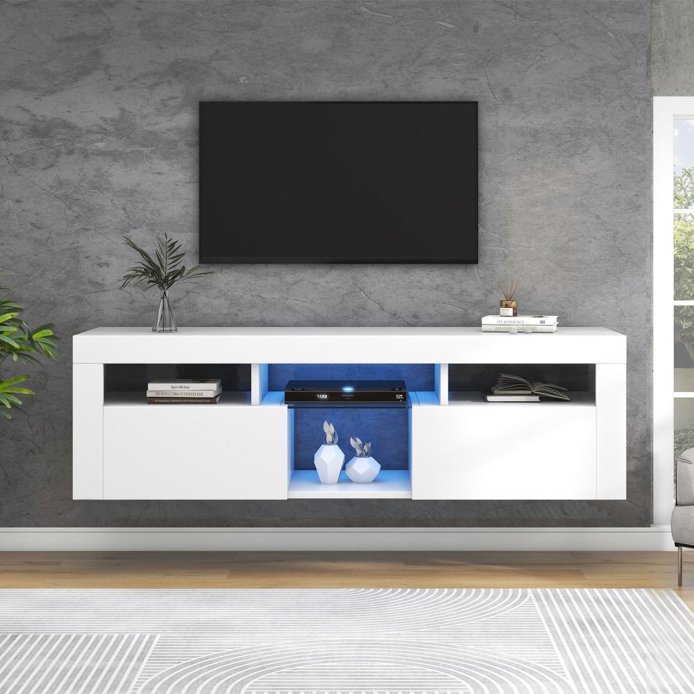 Merax Lowboard Scandi mit Glaseinlegeboden, Fernsehtisch, Wandmontage/Freistehend mit Klapptüren, TV-Schrank hochglänzend, B:140cm, Weiß Bild 1