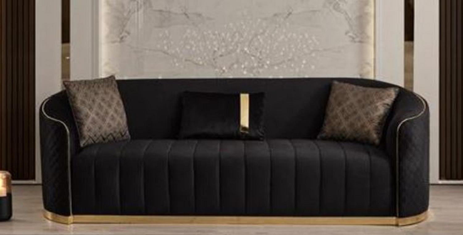 Casa Padrino Luxus Samt 3er Sofa Schwarz / Gold 240 x 95 x H. 74 cm - Wohnzimmer Sofa mit edlem Samtstoff - Wohnzimmer Möbel - Luxus Möbel - Wohnzimmer Einrichtung - Luxus Einrichtung Bild 1
