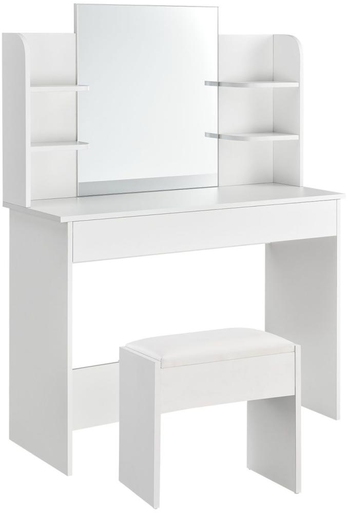 Schminktisch Bella – Kosmetiktisch 108 x 40 x 139,5 cm in Weiß – Frisiertisch aus Holz mit Spiegel, Schublade, 4 Ablagefächer & Hocker Bild 1