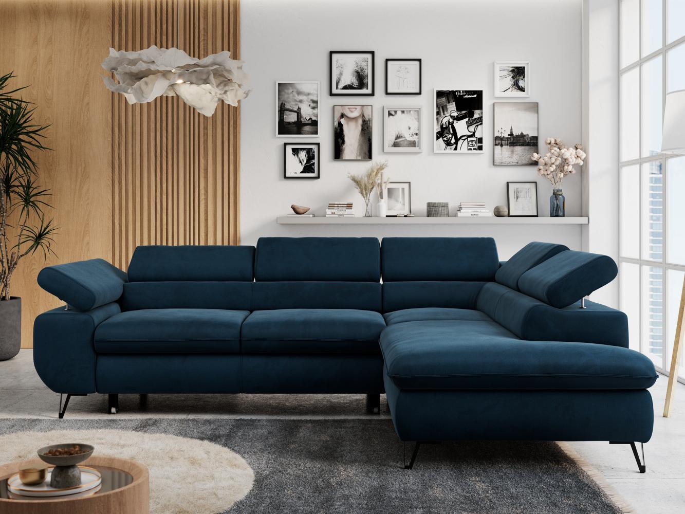 Ecksofa mit Bettfunktion, Modern Sofa, L-form, Einstellbare Kopfstützen, Bettkasten - PETER - Dunkelblau Velours - Topper T25 - rechts Bild 1