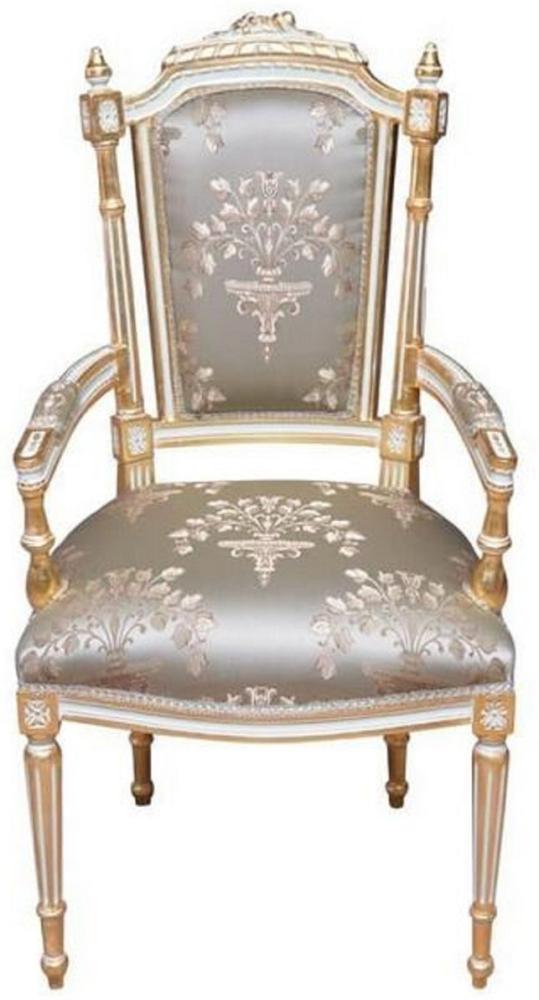 Casa Padrino Barock Esszimmerstuhl Silber / Weiß / Gold - Handgefertigter Antik Stil Stuhl mit Armlehnen - Esszimmer Möbel im Barockstil Bild 1