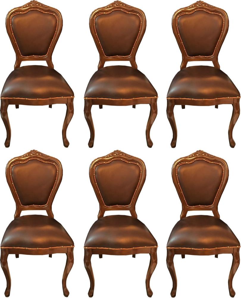 Casa Padrino Luxus Barock Esszimmer Set Braun / Braun 45 x 47 x H. 99 cm - 6 handgefertigte Massivholz Esszimmerstühle mit Echtleder - Barock Esszimmermöbel Bild 1