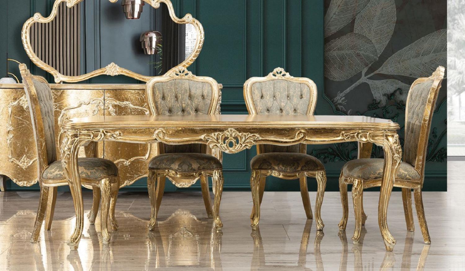 Casa Padrino Luxus Barock Esszimmer Set Grün / Antik Gold - 1 Barock Esstisch & 6 Barock Esszimmerstühle - Luxus Esszimmer Möbel im Barockstil - Prunkvolle Barock Esszimmer Möbel Bild 1