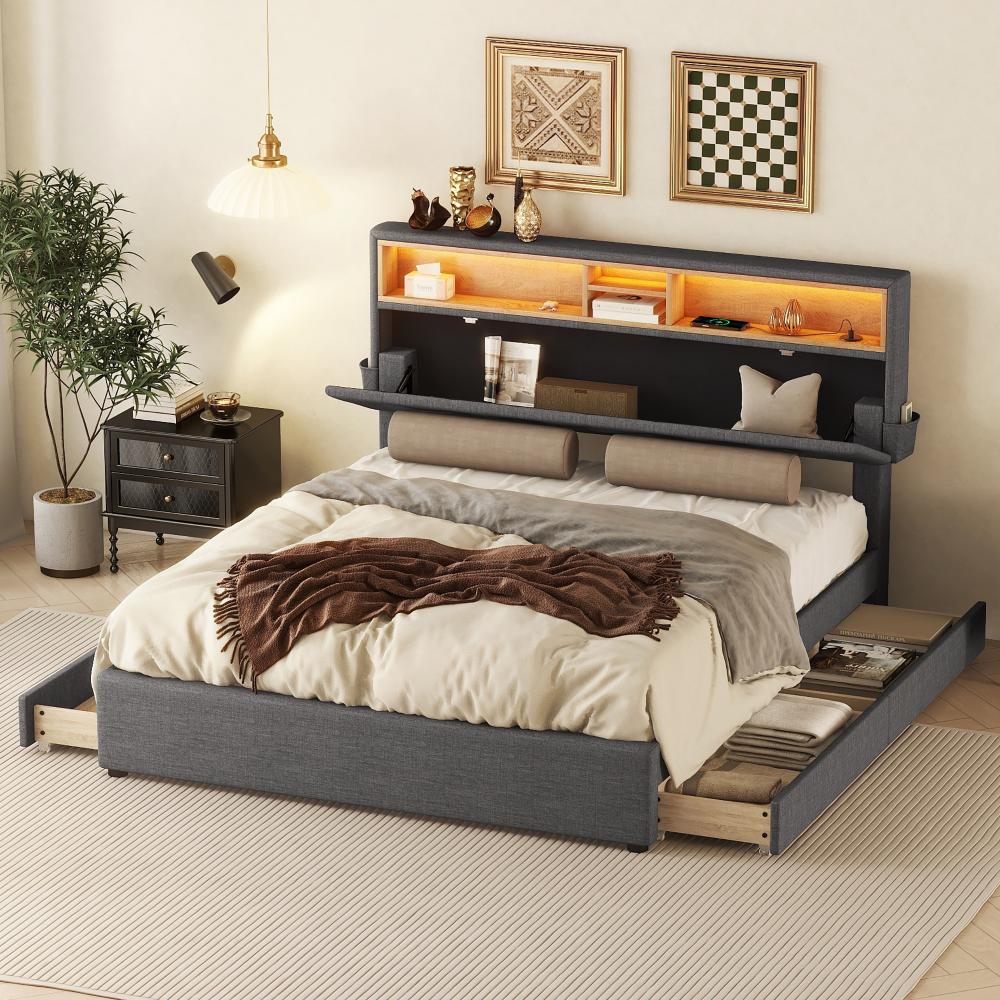 Merax Doppelbett, Polsterbett, Bett mit USB-Aufladung und LED-Beleuchtung, Funktionsbett mit vier Schubladen, Grau, 140 x 200 cm Bild 1
