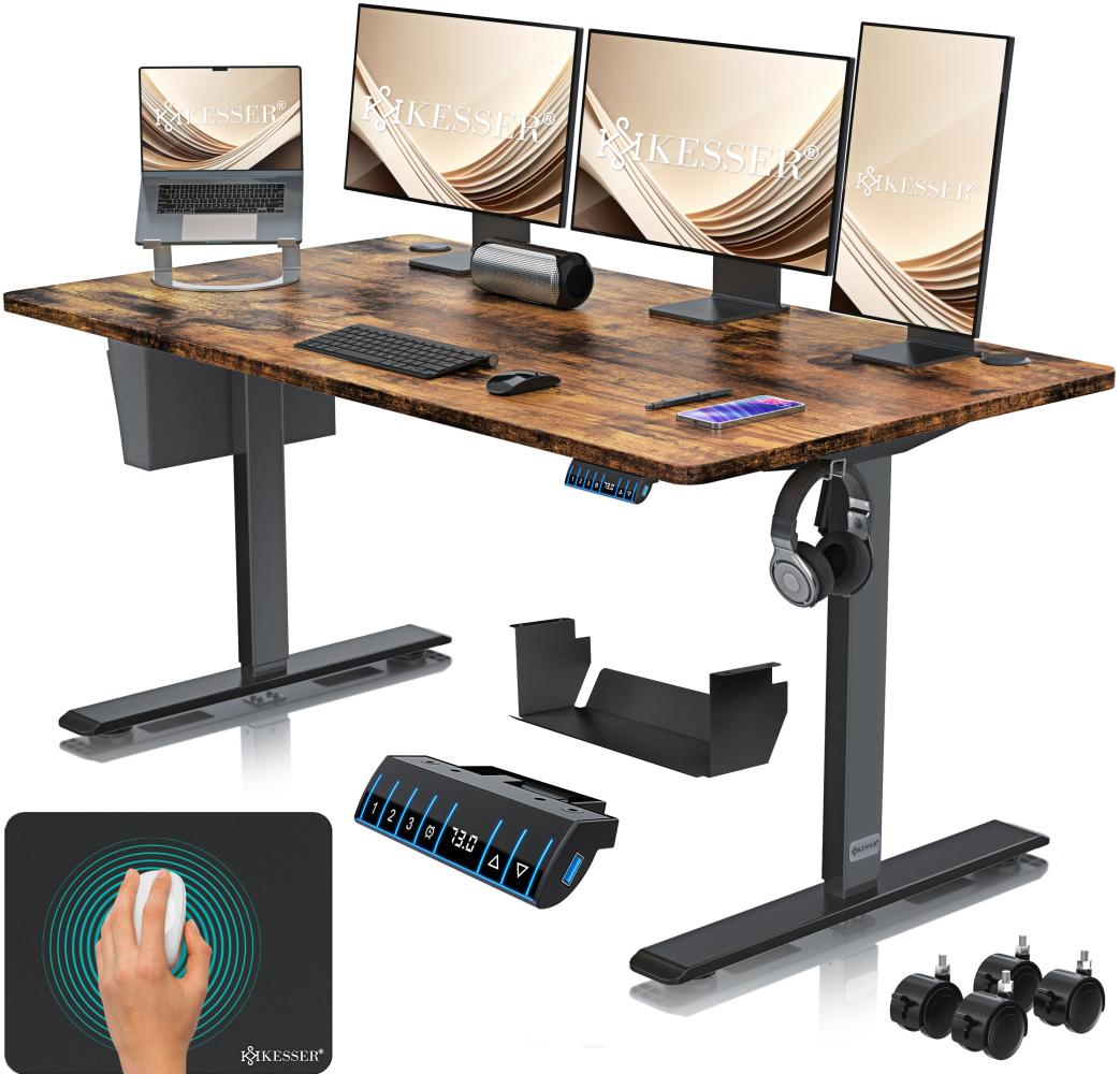 KESSER® Höhenverstellbarer Schreibtisch elektrisch | Ergonomisch Steh-Sitz Schreibtisch | 3-Funktions-Memory Steuerung | Inkl. 360° Rollen & USB-Ladeanschluss | Computertisch für Homeoffice Braun, 160 x 70 cm Bild 1