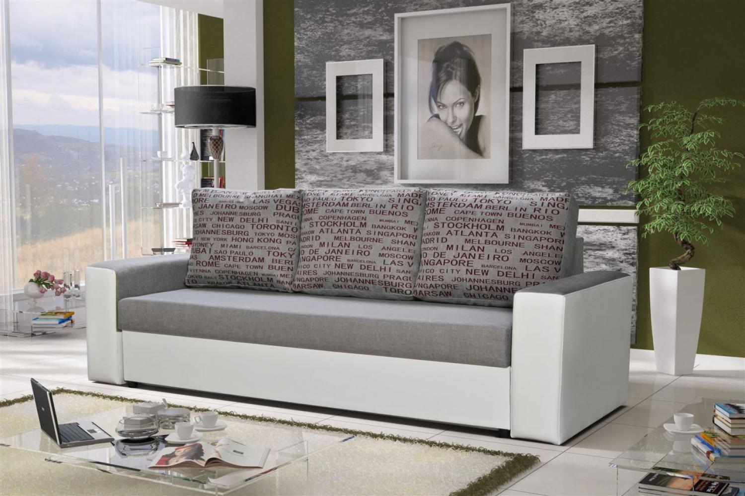 Sofa Designersofa LEEDS 3-Sitzer mit Schlaffunktion Weiss /Hellgrau Bild 1
