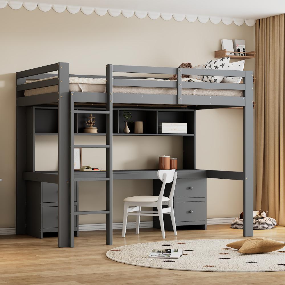 Merax Hochbett Massivholz Kinderbett Etagenbett mit Tisch und Schubladen 90x200cm, grau Bild 1