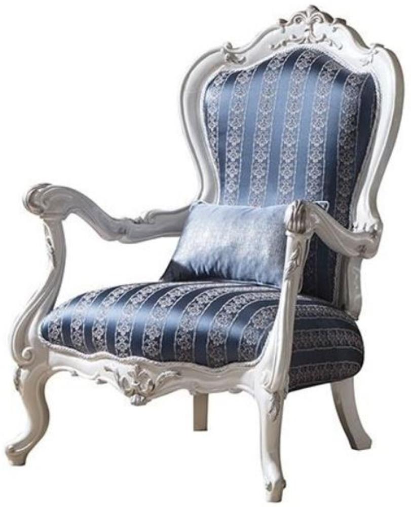 Casa Padrino Luxus Barock Wohnzimmer Sessel mit dekorativem Kissen Blau / Weiß / Silber 80 x 75 x H. 120 cm - Prunkvolle Barock Möbel Bild 1