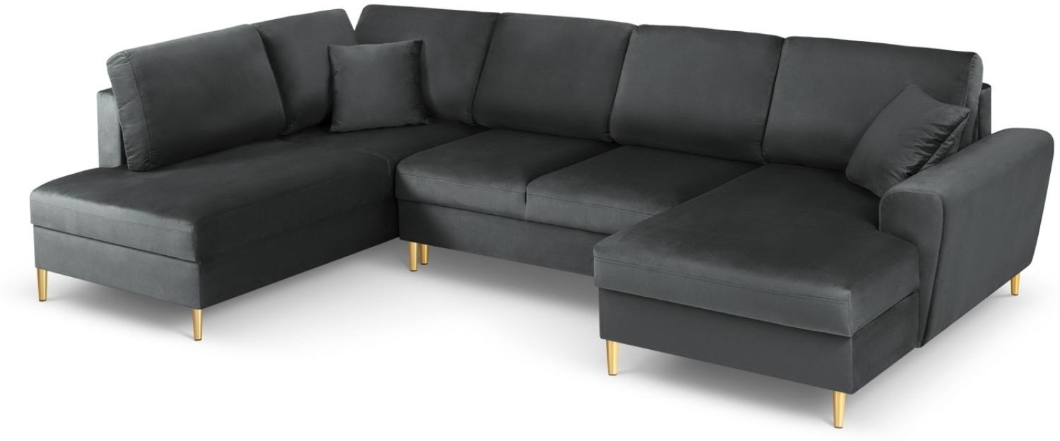 Micadoni 7-Sitzer Samtstoff Panorama Sofa Links mit Box und Schlaffunktion Moghan | Bezug Dark Grey | Beinfarbe Gold Met. Bild 1