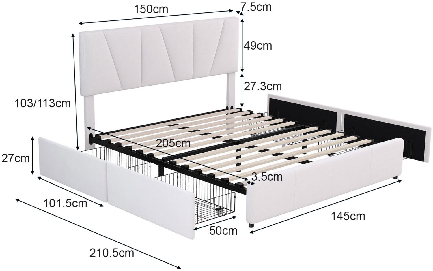 Merax Polsterbett 140x200 aus Samt Doppelbett Funktionsbett mit Höhenverstellbares Kopfteil & 4 Schubladen & Lattenrost Beige Bild 1