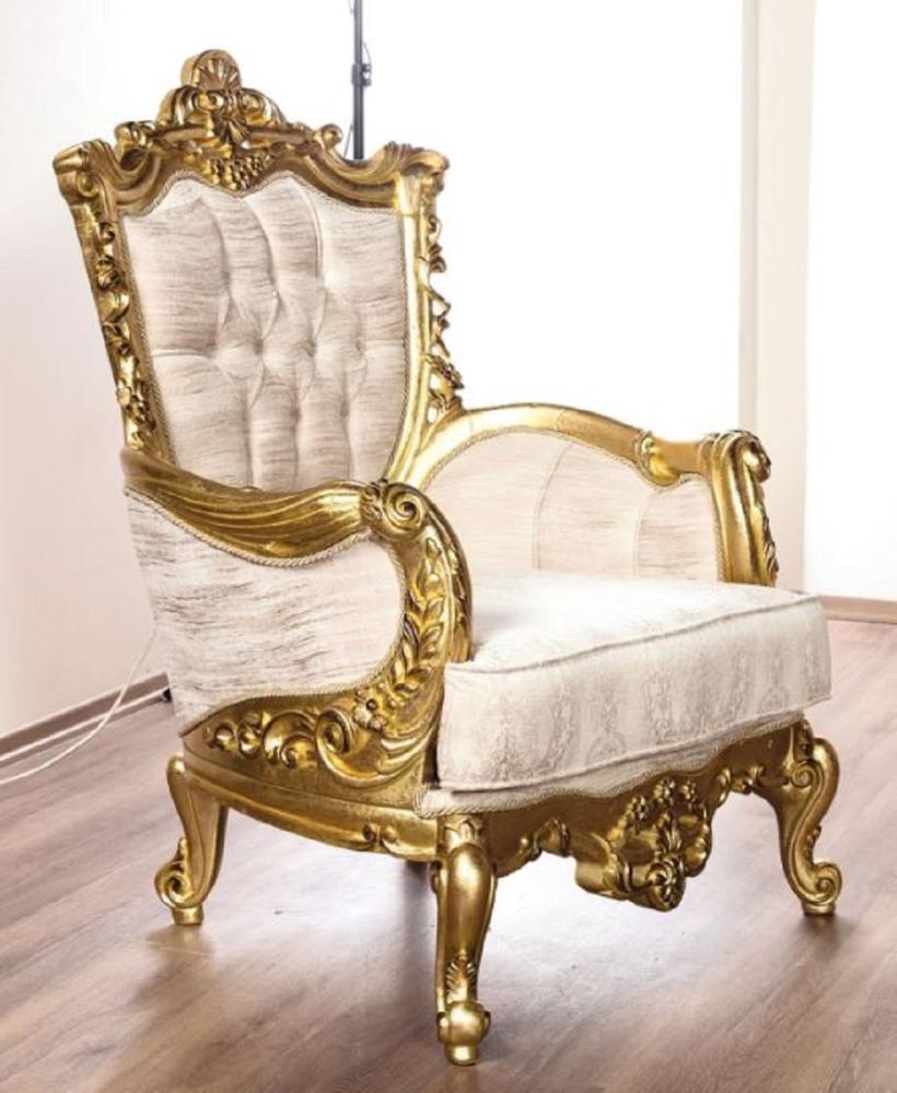 Casa Padrino Luxus Barock Wohnzimmer Sessel Cremefarben / Gold - Prunkvoller Sessel mit Muster - Handgefertigte Barock Wohnzimmer Möbel Bild 1