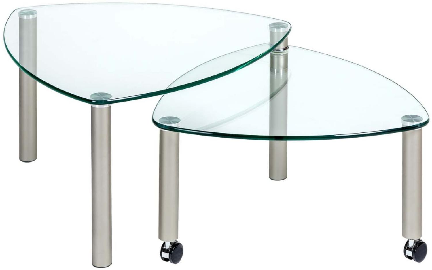2-Stufen-Glastisch, klar/ Metall nickelfarbig, mit Rollen, 80x80 cm Bild 1