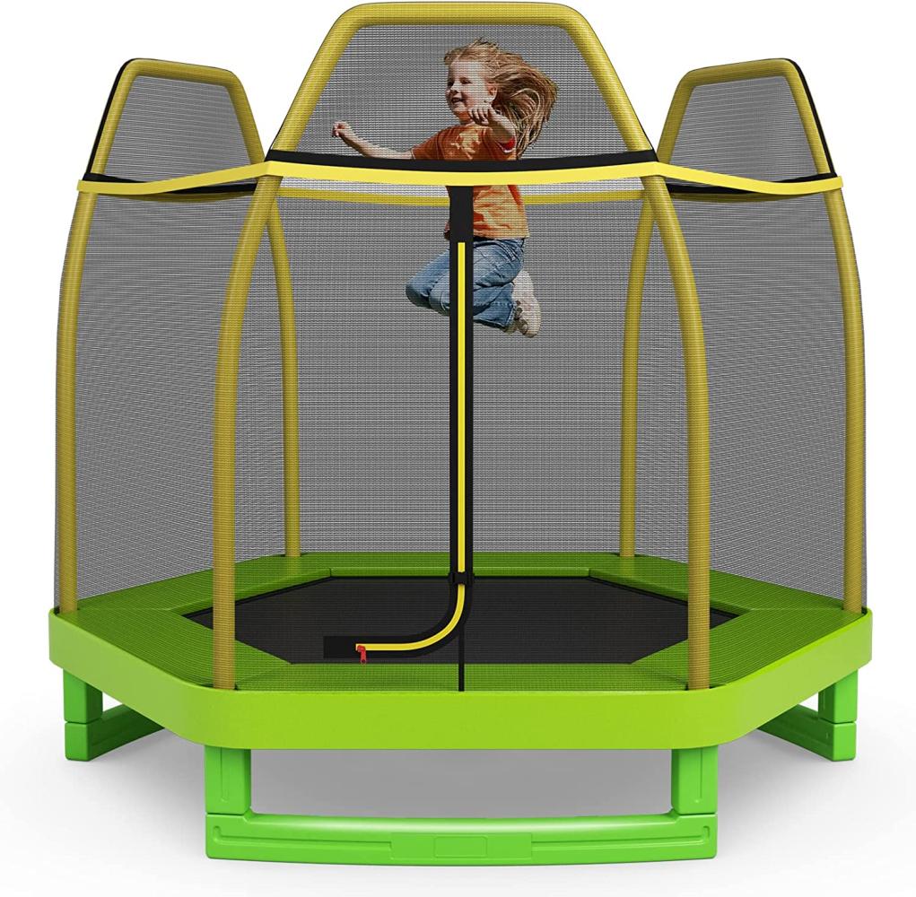 COSTWAY 223 cm Kinder-Trampolin mit Sicherheitsnetz und Federkissen, Outdoor- / Indoor-Trampolin für Kleinkinder mit verzinktem Stahlrahmen, für Jungs und Mädchen Grün Bild 1
