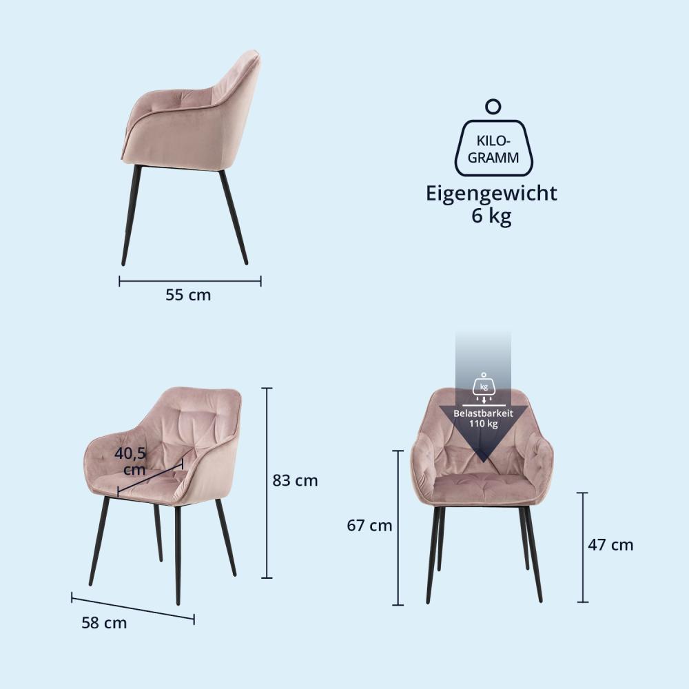 KHG 6er Set Esszimmerstühle Polsterstuhl Küchenstuhl Wohnzimmer-Sessel mit Armlehnen rosa Samt - Metallbeine schwarz, Rückenlehne, Sitzfläche und Armlehnen gesteppt - Design Stuhl Sitzhöhe 47 cm Bild 1