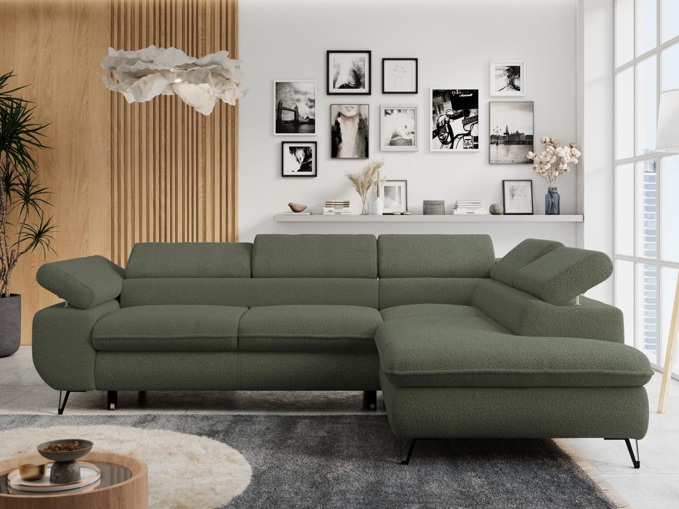 Ecksofa mit Bettfunktion, Modern Sofa, L-form, Einstellbare Kopfstützen, Bettkasten - PETER - Grün Boucle - rechts Bild 1