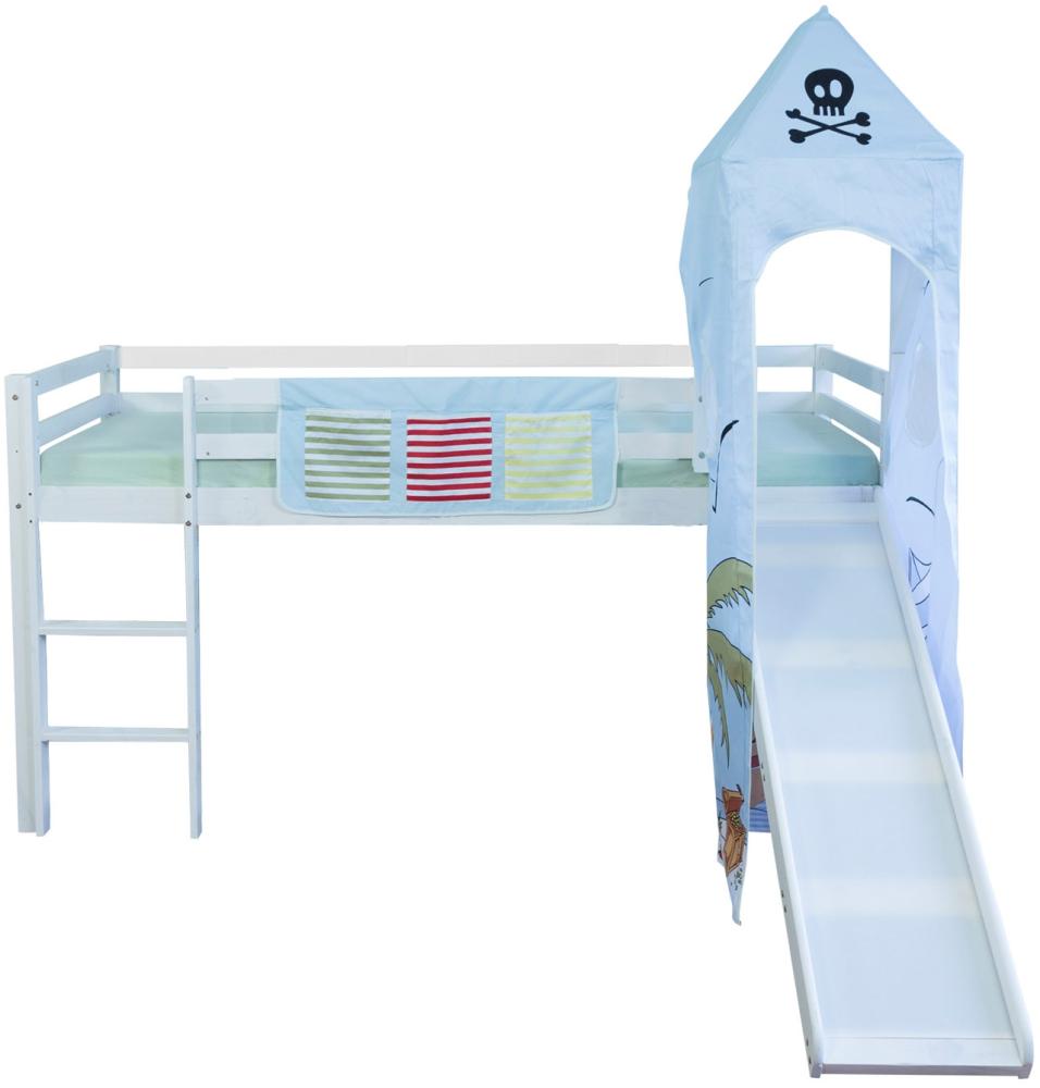 Hochbett Spielbett Kinder 90x200 cm mit Leiter & Rutsche, Turm Bettgestell, Holz Massiv, Insel Pirat Blau Bild 1
