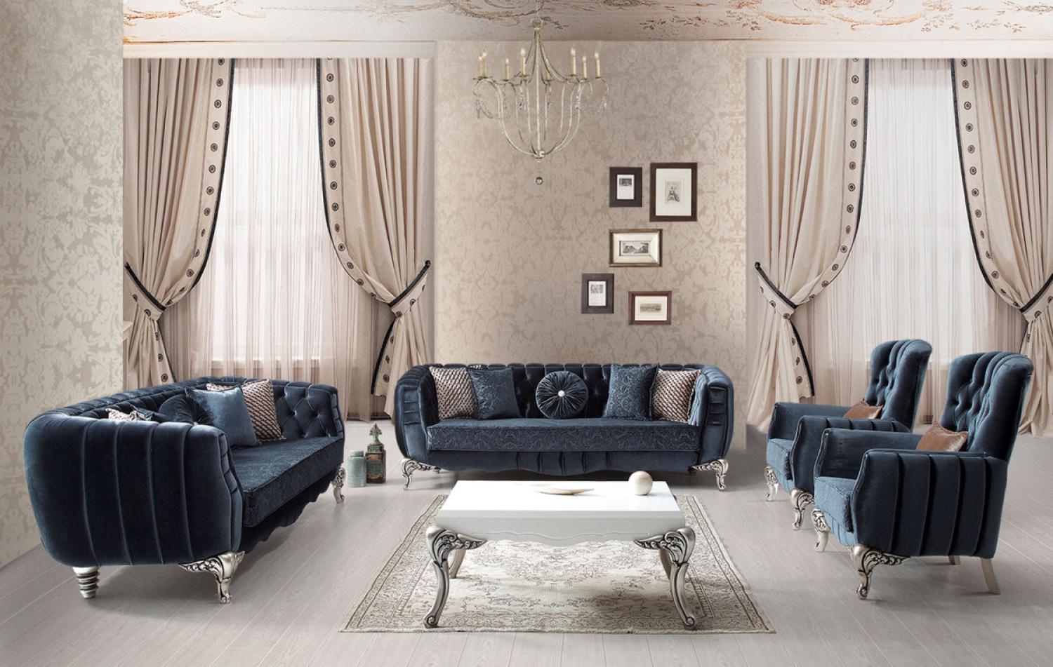 Casa Padrino Luxus Barock Wohnzimmer Set Blau / Silber - 2 Sofas & 2 Sessel & 1 Couchtisch - Elegante Wohnzimmer Möbel im Barockstil Bild 1