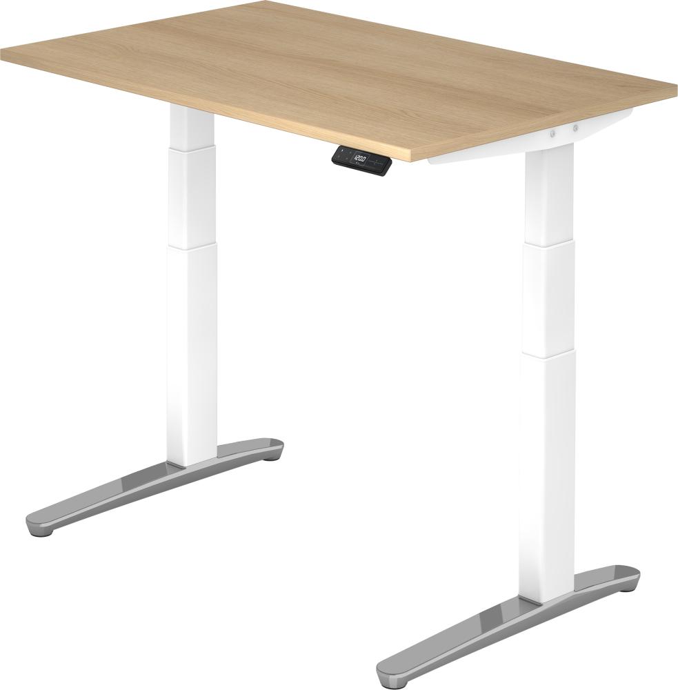 bümö® Sitz- & Stehschreibtisch Serie-XBHM elektrisch höhenverstellbar mit Memoryfunktion, Tischplatte 120 x 80 cm in Eiche, Gestell in weiß / aluminium poliert Bild 1