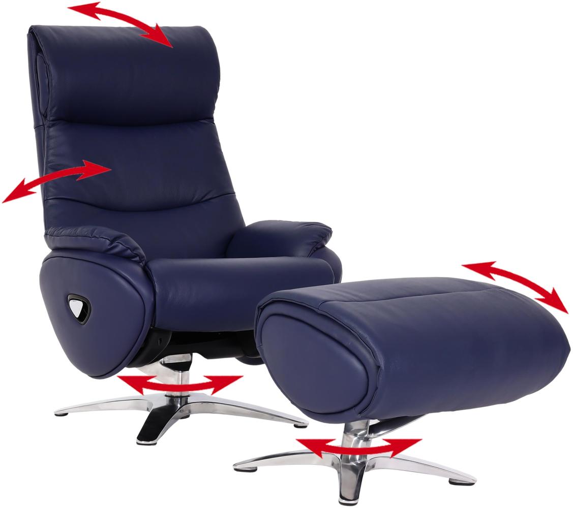 Relaxsessel mit Hocker HWC-K98, Fernsehsessel Sessel, Liegefunktion drehbar, Metall Echtleder/Kunstleder ~ blau Bild 1