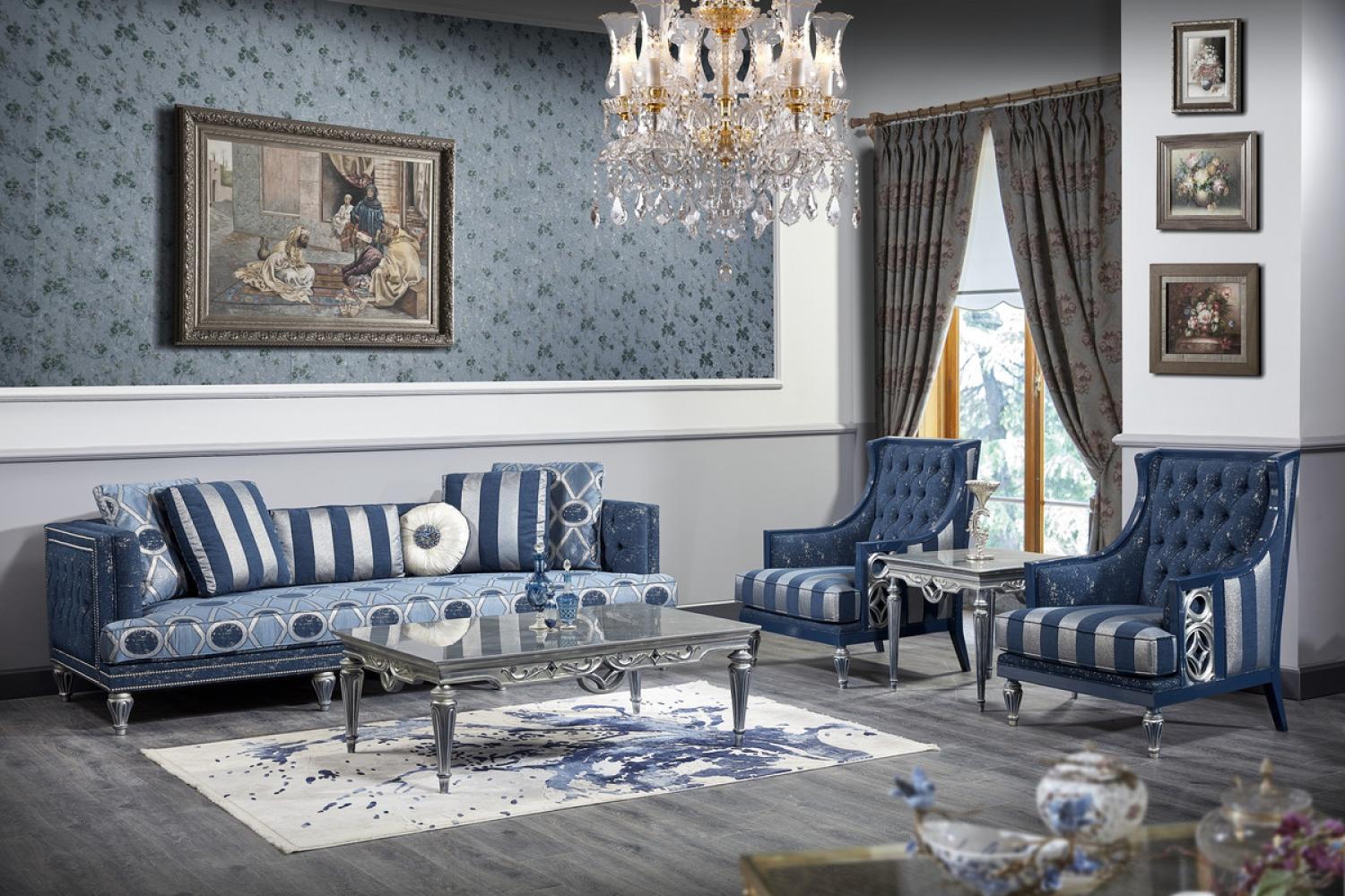 Casa Padrino Luxus Barock Chesterfield Wohnzimmer Sessel Blau / Silber gestreift 77 x 76 x H. 100 cm - Barockmöbel Bild 1