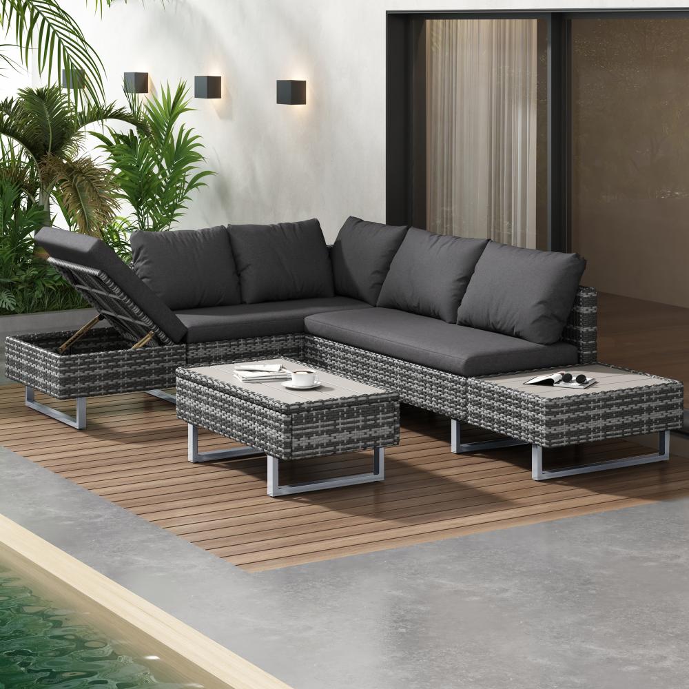 Merax Modulares, bewegliches Sofa, bietet Platz für 4–5 Personen, inklusive Liegefunktion, UV-beständiges PE-Rattan, Couchtisch, Grau Bild 1