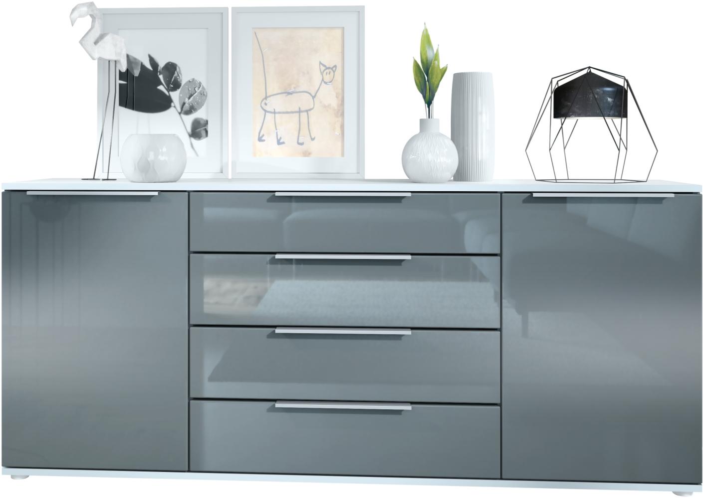 Vladon Sideboard Linio V2 166,5 x 72,5 x 35 cm Anrichte mit 2 Türen und 4 Schubladen, Korpus in Weiß matt, Fronten in Grau Hochglanz Bild 1