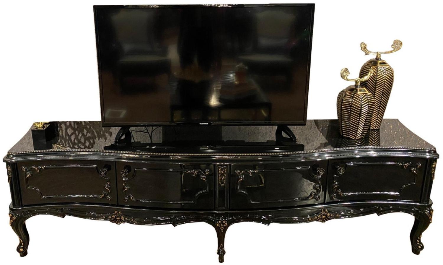 Casa Padrino Luxus Barock TV Schrank Schwarz / Antik Gold 222 x 50 x H. 62 cm - Edler Fernsehschrank mit 4 Türen und Glasplatte - Hochwertige Wohnzimmer Möbel im Barockstil Bild 1