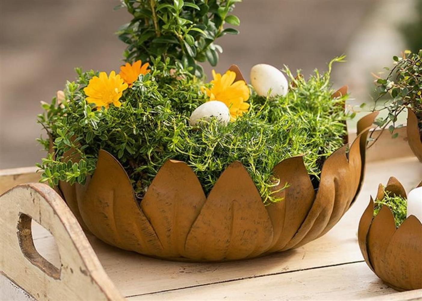 runde Schale "Blätter" aus Metall in Rost Optik, Ø 27 cm, Pflanzschale, Obstschale, Blumentopf, Tischdeko, Pflanzgefaß, Gartendeko für Draußen Bild 1