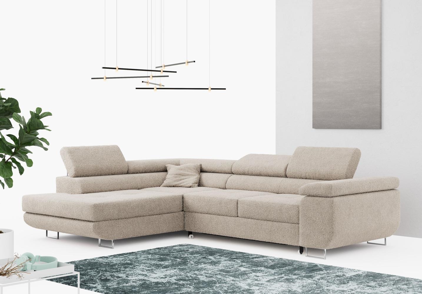 Ecksofa L-Form Couch mit Schlaffunktion und Verstellbare Kopfstützen - GUSTAW - Creme Boucle - Links Bild 1