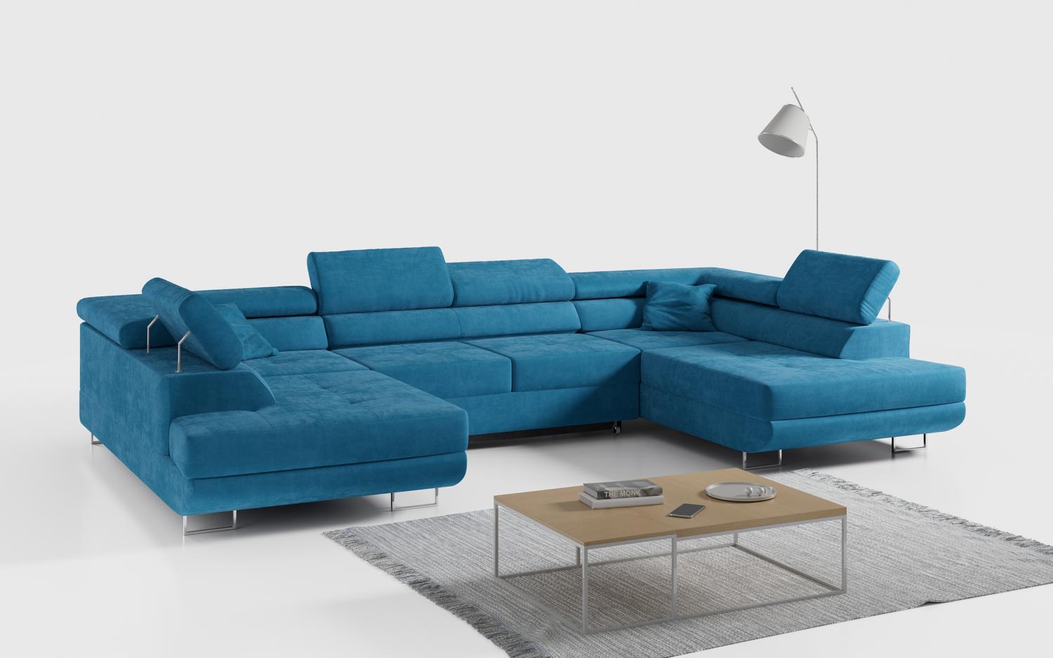 Ecksofa, Wohnzimmer U Couch, Polstersofa mit Bettkasten - GUSTAW-U - Blau Velours Bild 1