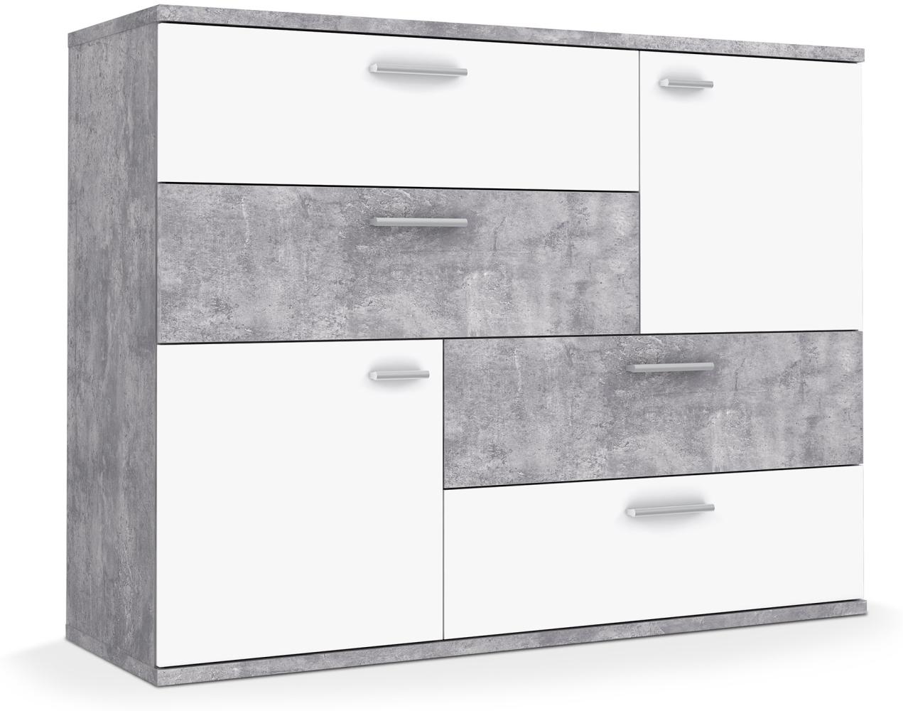 Möbel-Eins SKIV Kommode mit 2 Türen und 4 Schubkästen, Material Dekorspanplatte betonfarbig/weiss Bild 1