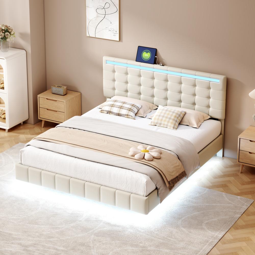Merax Polsterbett 160 x 200 cm, gepolsterter Schwebebettrahmen mit LED-Leuchten, flächiges Doppelbett in hautfreundlichem Leinen Beige Bild 1