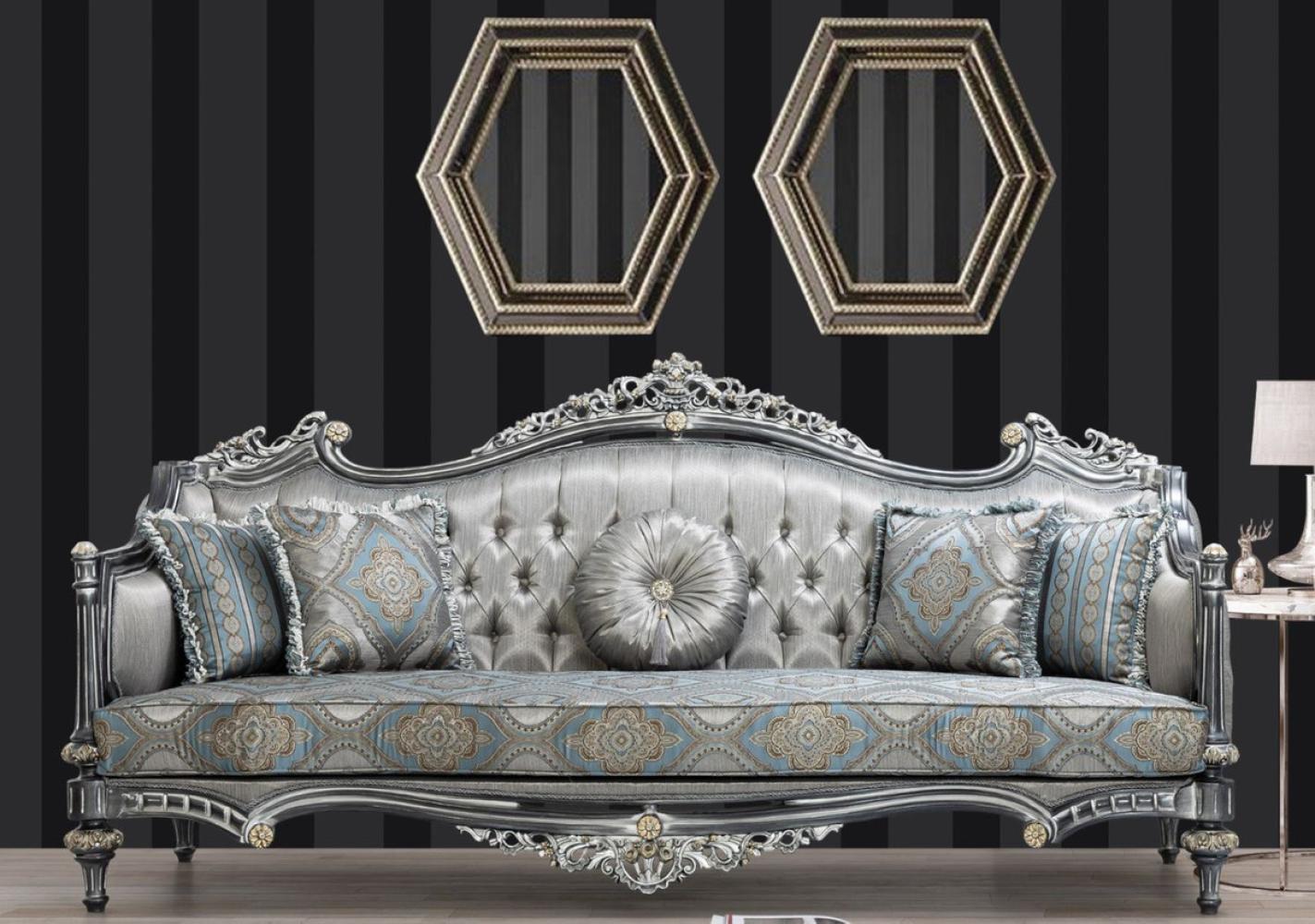 Casa Padrino Luxus Barock Sofa Silber / Türkis / Gold 248 x 96 x H. 118 cm - Prunkvolles Massivholz Wohnzimmer Sofa mit elegantem Muster und dekorativen Kissen Bild 1