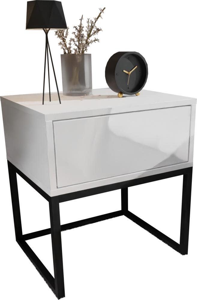 Domando Nachttisch Corvara Modern für Schlafzimmer Breite 45cm, schwarzes Metallgestell, Push-to-open-System in Weiß Matt und Weiß Hochglanz Bild 1