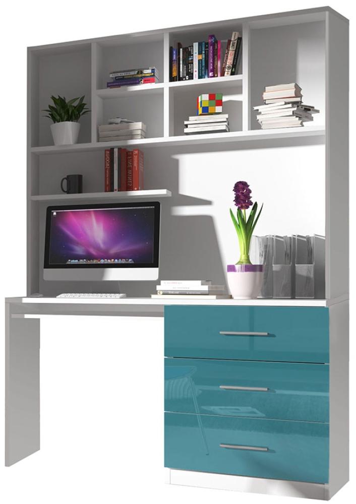 Schreibtisch Epexi 03, Farbe: Weiß / Türkis Hochglanz, 120x193x60cm Bild 1