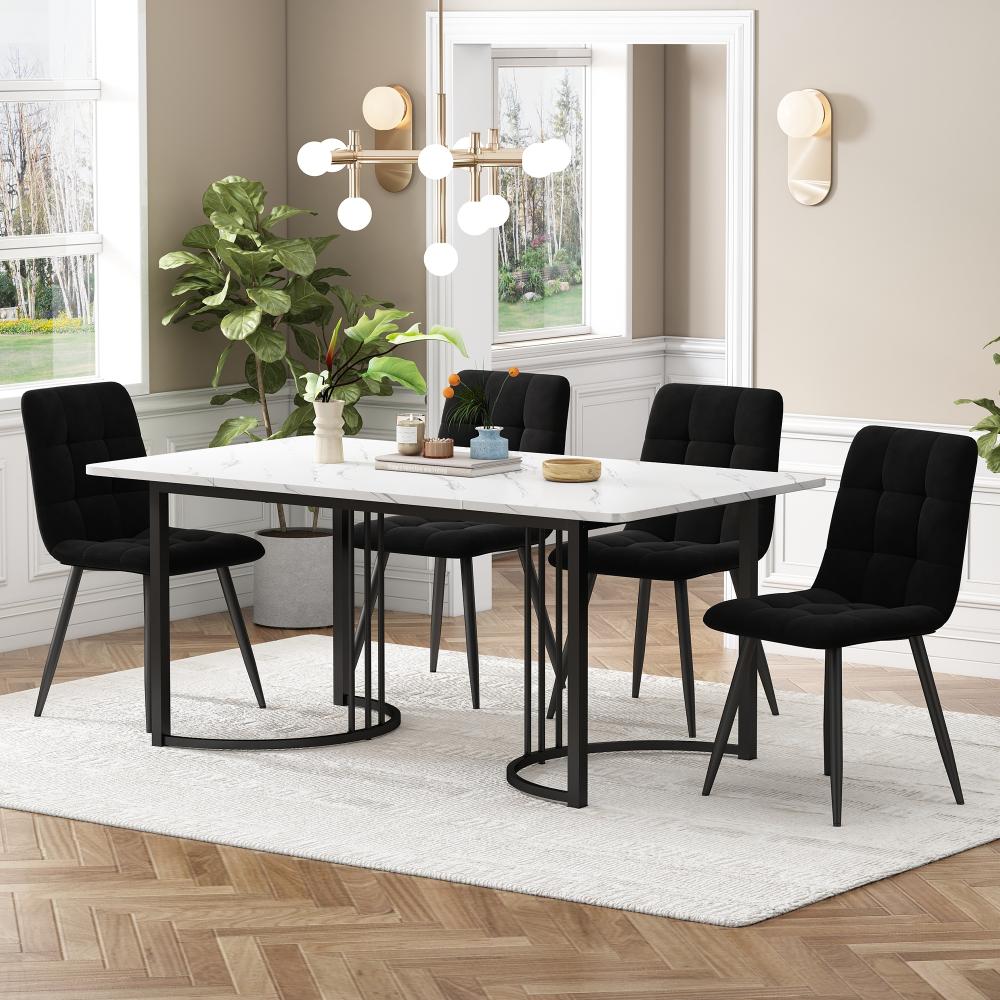 Merax Essgruppe (5-tlg), Esstisch mit 4 Stühlen Set, Moderner Küchentisch Set , 140×80cm Küchentisch mit Schwarz Metallbeinen, MDF Tischplatte in Weißer, Schwarz Samt Esszimmerstühle Bild 1