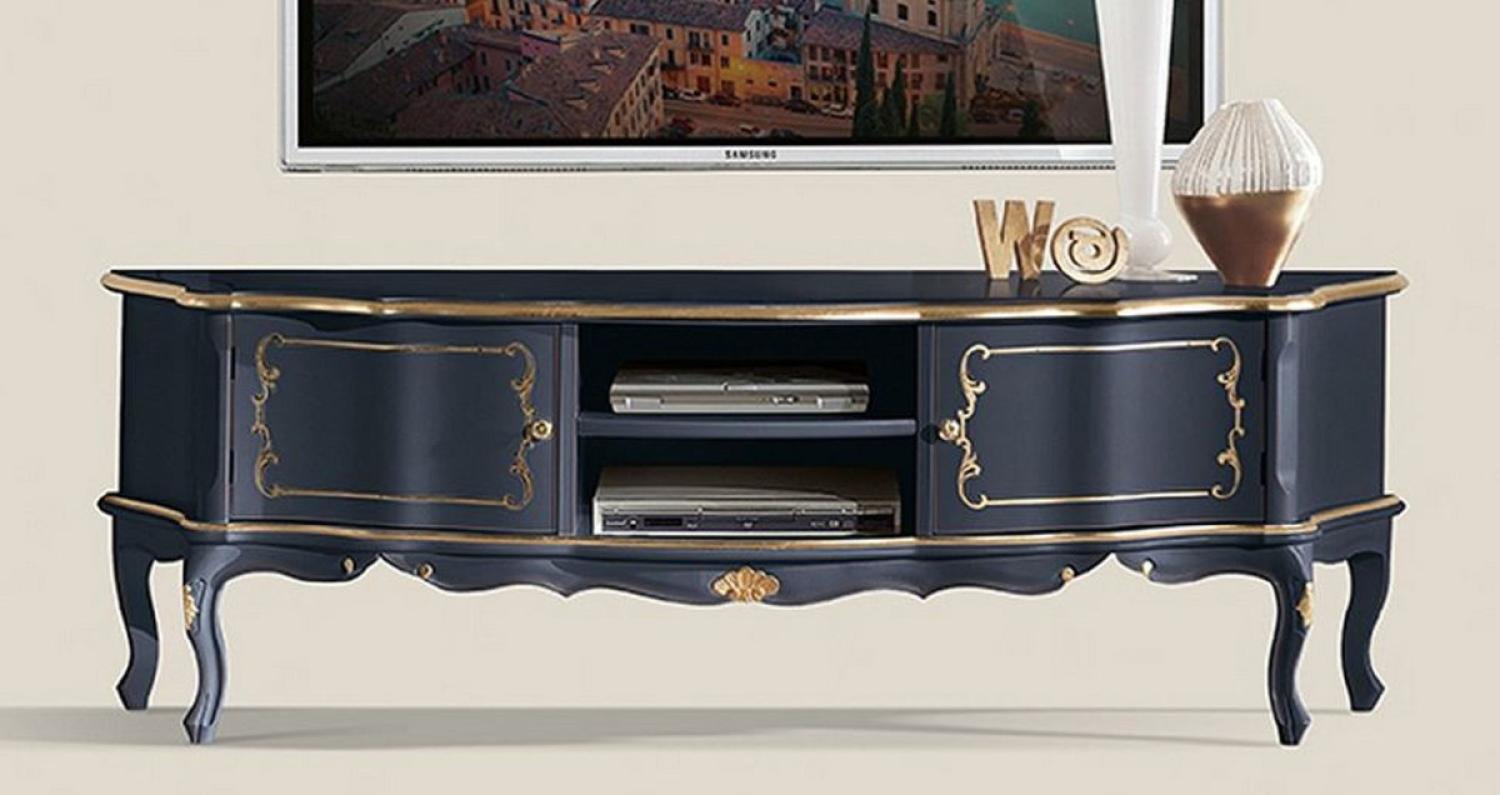 Casa Padrino Luxus Barock TV Schrank Blau / Gold - Handgefertigtes Massivholz Sideboard mit 2 Türen - Barock Wohnzimmer Möbel - Luxus Qualität - Made in Italy Bild 1