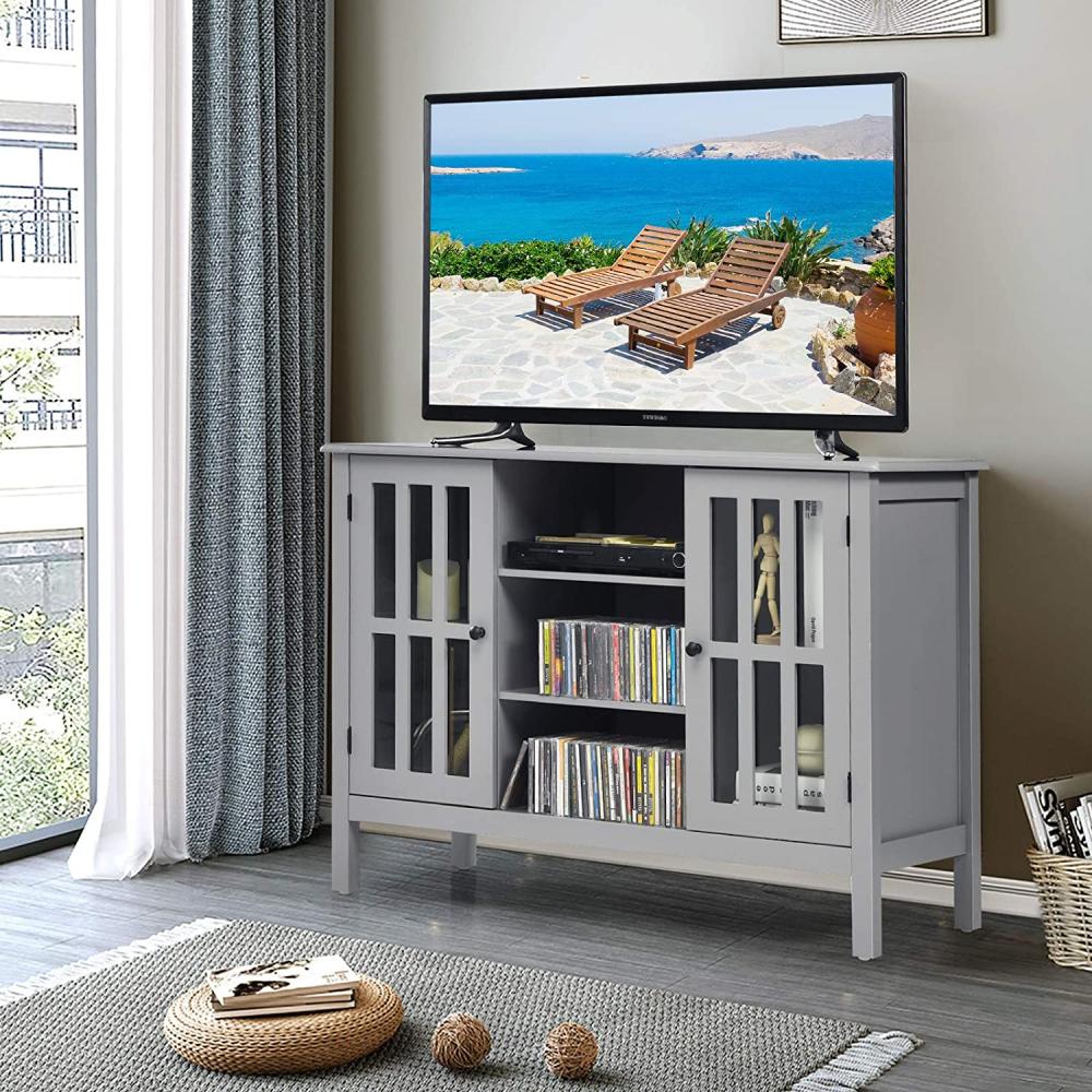 COSTWAY 3-stufiger TV Schrank 109cm, Fernsehschrank Holz TV-Ständer Fernseher Sideboard Fernsehtisch mit Türen und Regale, Wohnzimmerschrank Küchenschrank Bild 1