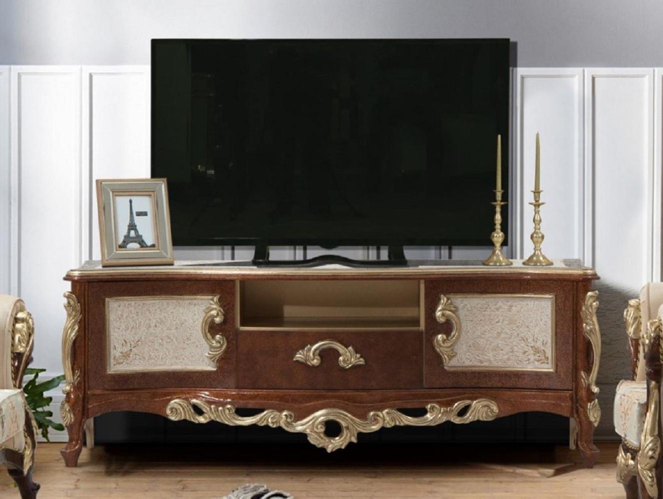 Casa Padrino Luxus Barock TV Schrank Braun / Gold - Handgefertigtes Massivholz Sideboard mit 2 Türen und Schublade - Barock Wohnzimmer Möbel Bild 1