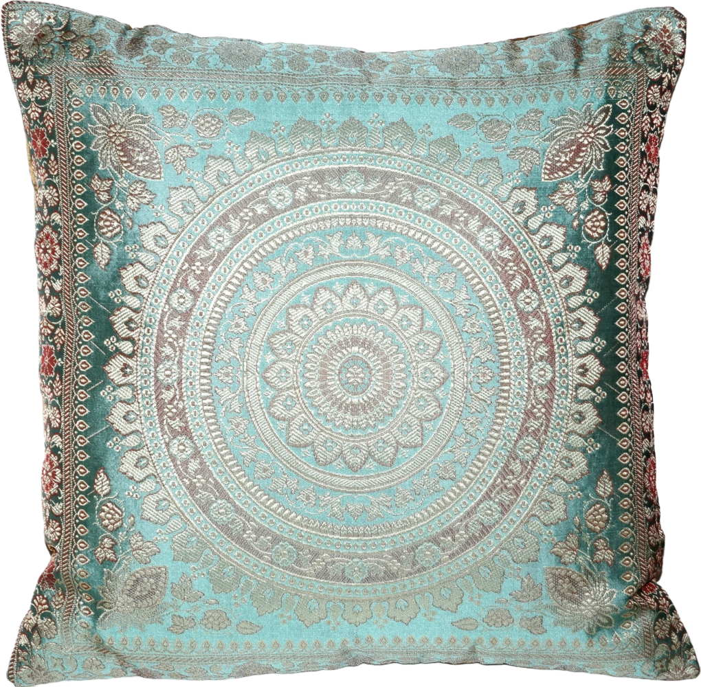 Handgewebter indischer Banarasi Seide Deko-Kissenbezug mit Extravaganten Mandala Design in Meeresgrün - 40 cm x 40 cm Bild 1