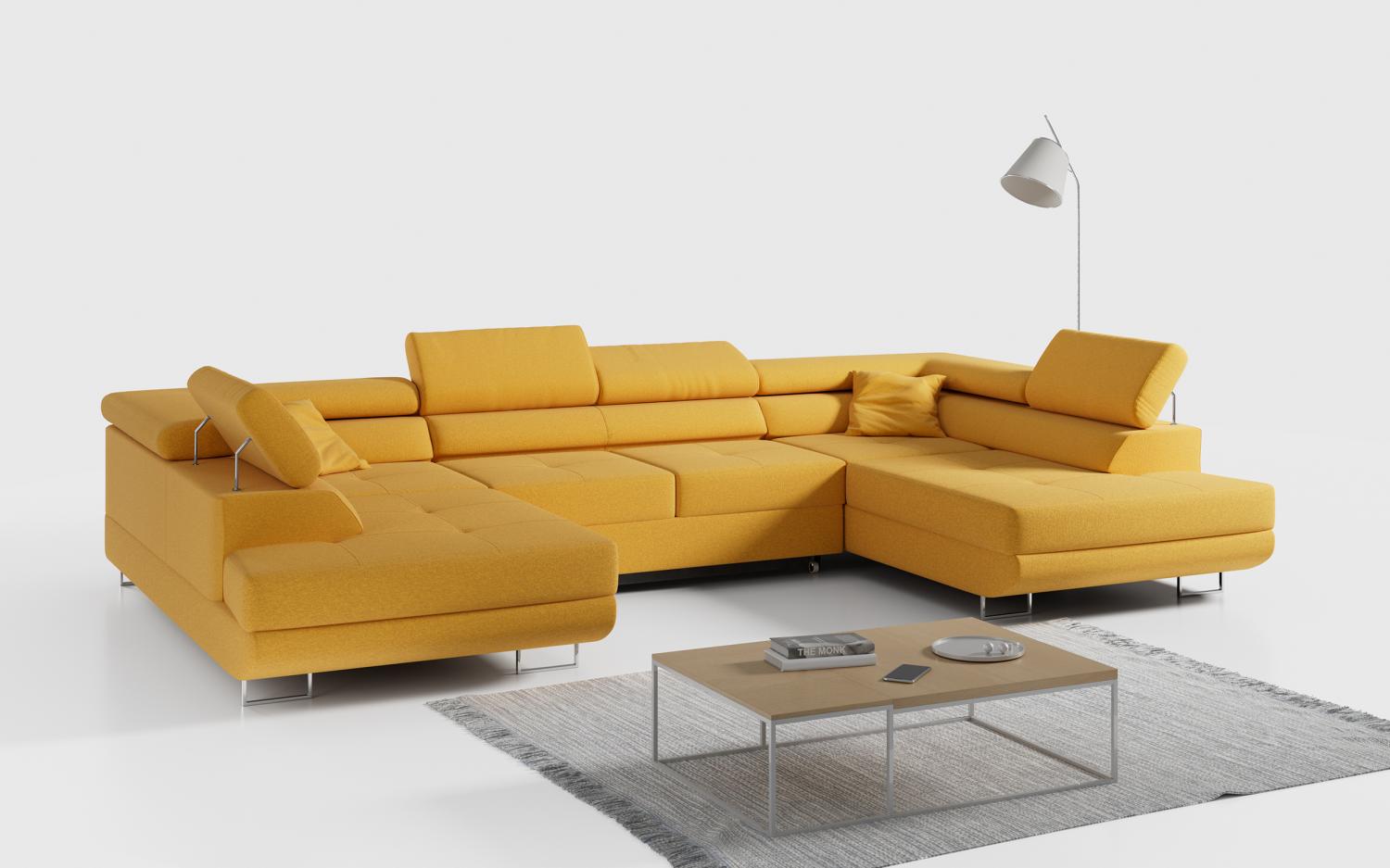 Ecksofa, Wohnzimmer U Couch, Polstersofa mit Bettkasten - GUSTAW-U - Gelb Stoff Bild 1