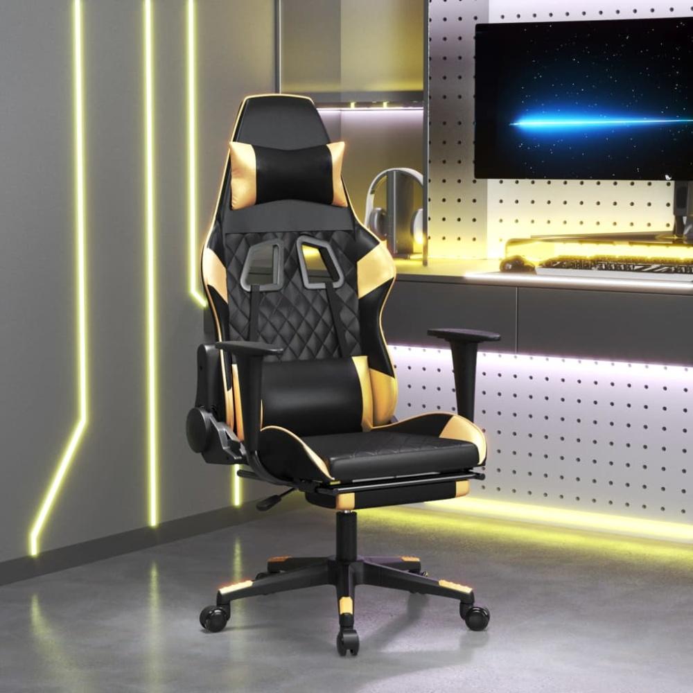 Gaming-Stuhl mit Massage & Fußstütze Schwarz Golden Kunstleder, Drehbar [345524] Bild 1