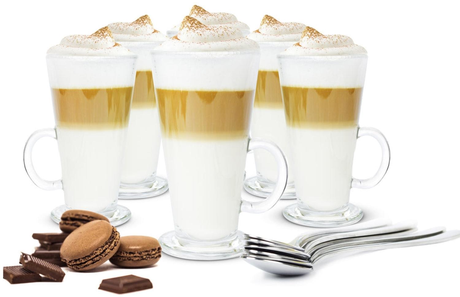 6 Latte Macchiato Gläser 280ml mit Henkel und 6 Löffel, Tee-/ Kaffeegläser Bild 1