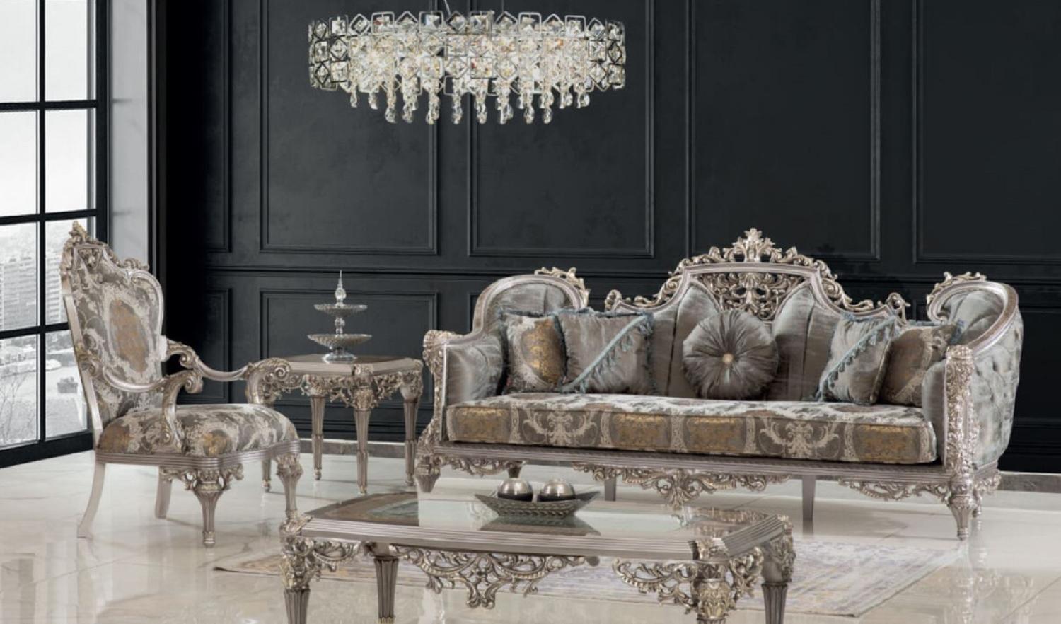 Casa Padrino Luxus Barock Wohnzimmer Set Grau / Silber / Gold - 2 Sofas & 2 Sessel & 1 Couchtisch & 2 Beistelltische - Handgefertigte Wohnzimmer Möbel im Barockstil - Edel & Prunkvoll Bild 1