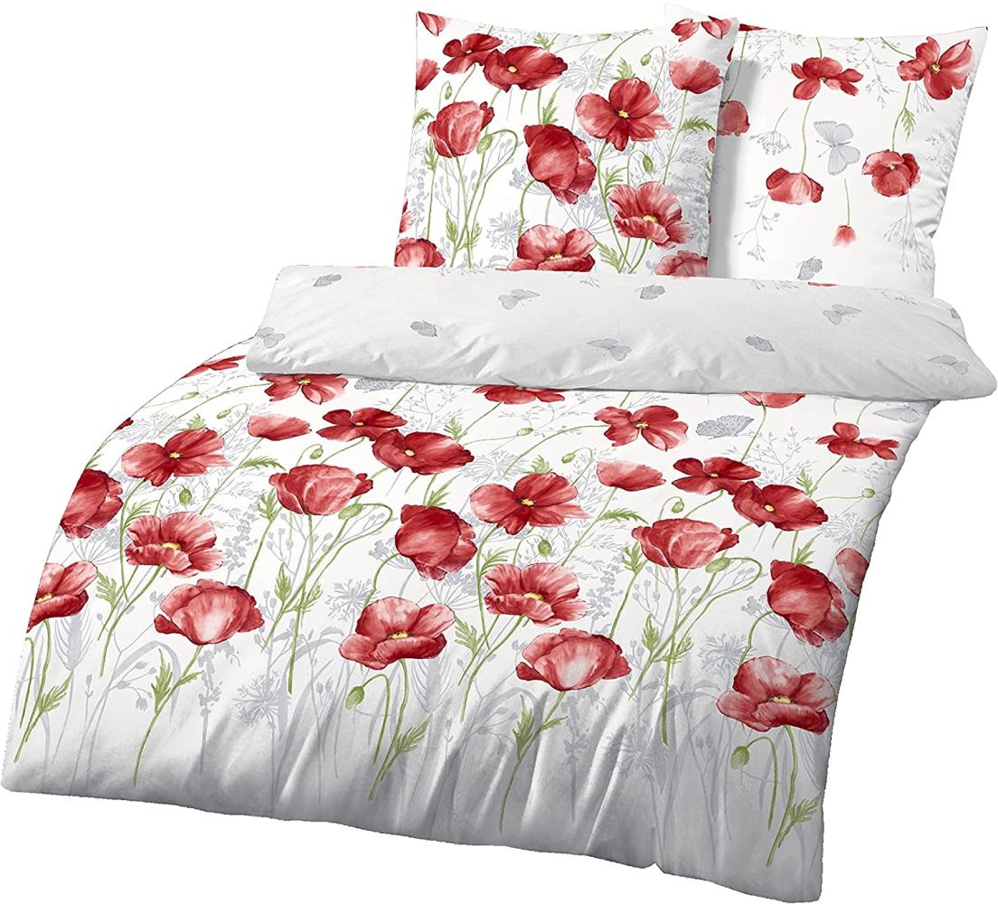 Träumschön Renforce‚ Bettwäsche Mohnblumen rot weiss in der Komfortgröße 155 x 220 cm mit einem 80 x 80 cm Kissenbezug Bild 1