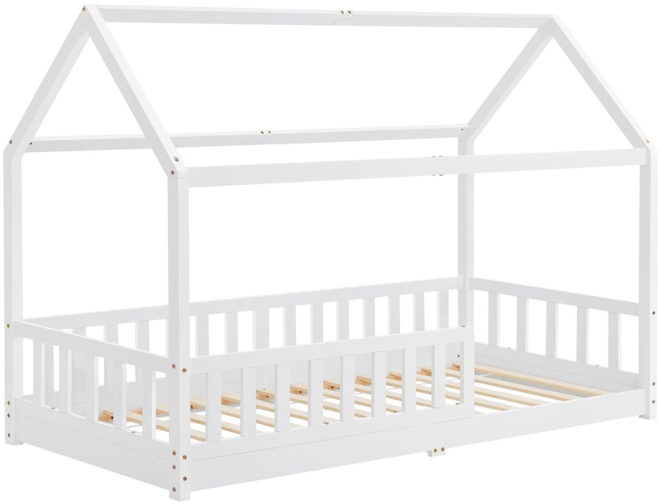 Juskys Kinderbett Marli 90 x 200 cm mit Rausfallschutz, Lattenrost und Dach - Massivholz Hausbett für Kinder - Bett in Weiß Bild 1