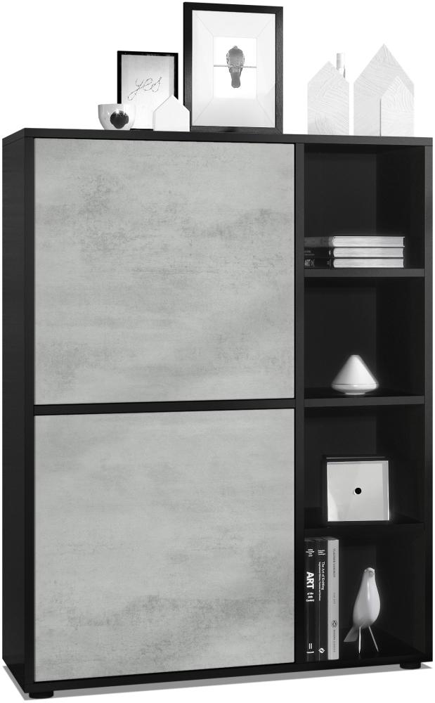 Highboard Schrank Anrichte Cuba mit 8 Fächern, Korpus in Schwarz matt / Fronten in Beton Oxid Optik Bild 1